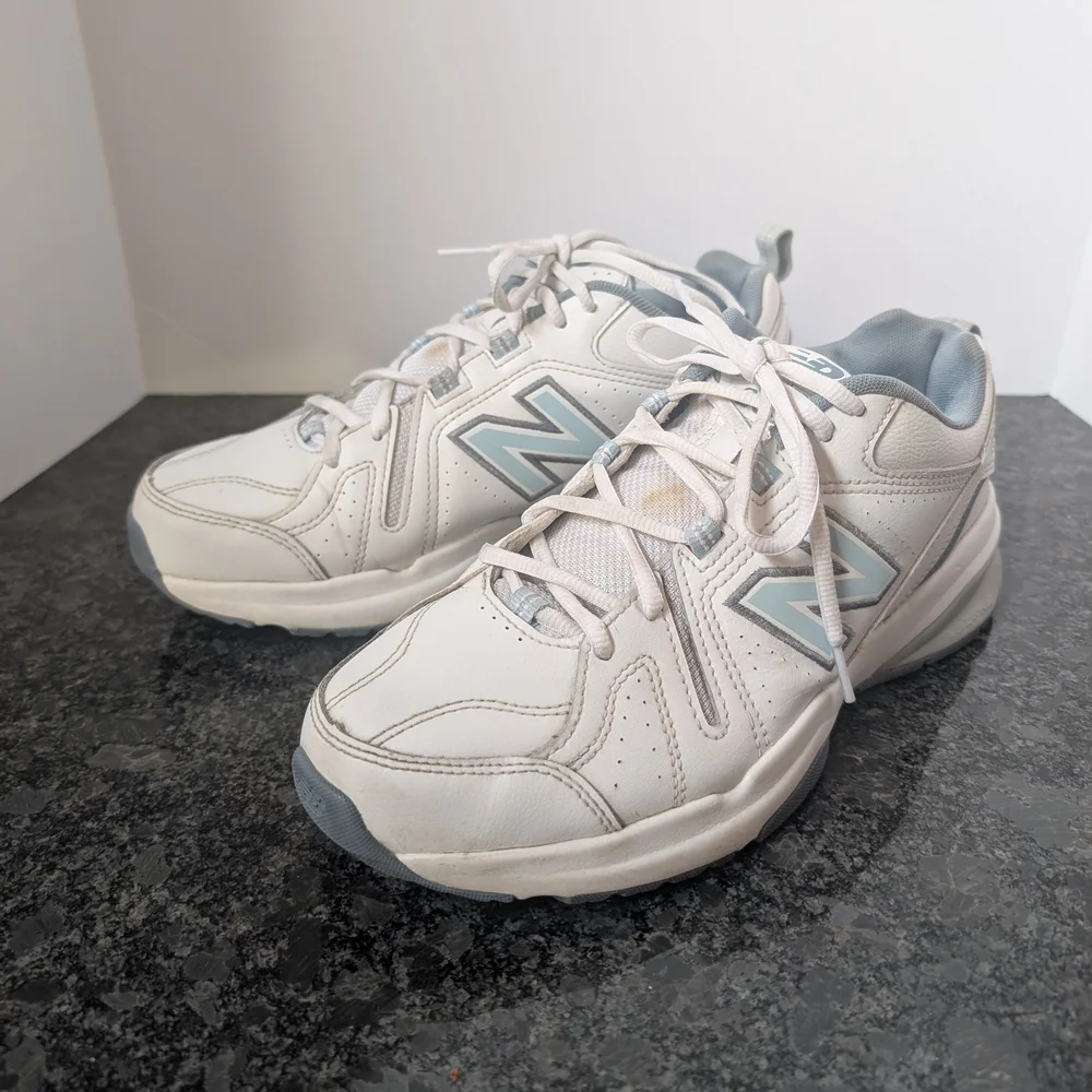 New Balance 608v5 Womens White and Light Blue Athletic Shoes